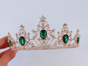 Women Retro Green Crystal Bronze Queen Party Hair Head Headband Crown Tiara