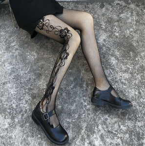 Women Gothic Black Sexy Side Rose Fishnet Net Pantyhose Line Stockings Tights