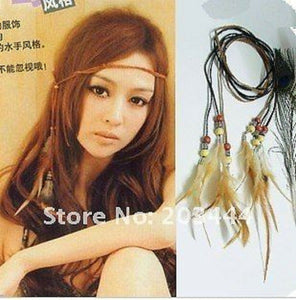 Women  Boho Bohemian Suede Feather Extension Hair Head Strap band belt headband