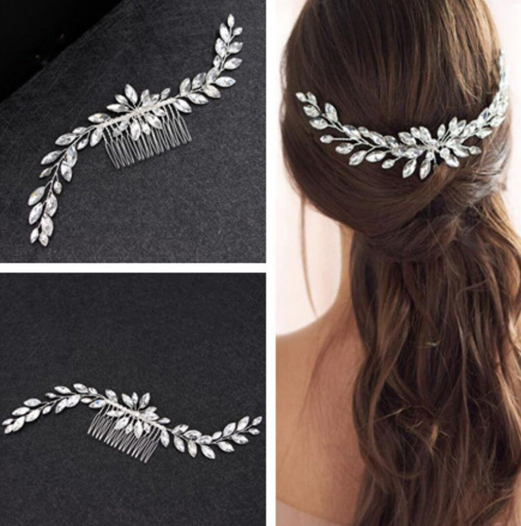 Women BOHO Silver Crystal Leaf Back Hair Styling Comb Pin Hairpiece Headband