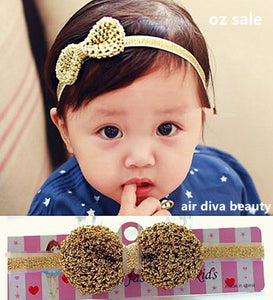 NEW Girls Kids Children Baby Elastic Gold Princess Party Bow Hair Head Band PROP