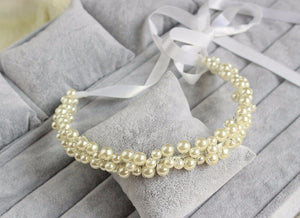 Women White Wedding Bride Bridal Pearl Party Hair Headband Ribbon Prop Garland