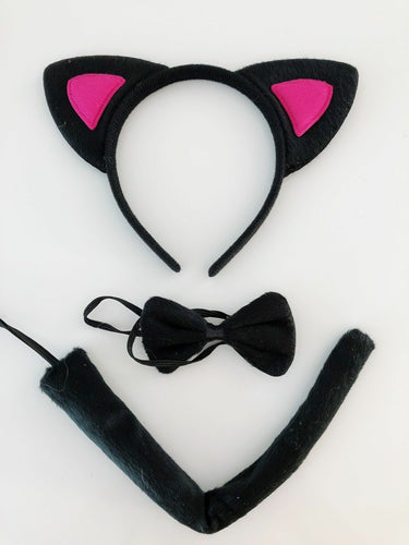 Women Kid Black Pink Cat Kitty Costume Ear tail bowtie Party Hair headband set - Air Diva Fashion