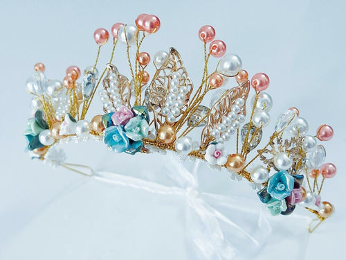 Women Beige Flower Girl gold Leaf Pearl Hair Band Headband Prom Tiara Crown