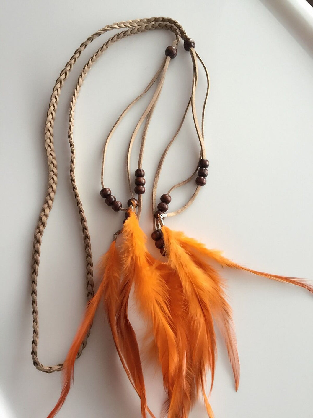 Women BOHO Syn suede Orange Feather beads Braided Hair head band Headband Wrap