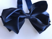 Women Girl School Uniform Navy Blue Satin Bow Ribbon Elastic Hair band Headband