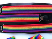 Man Lady mardi gra Costume Rainbow Colorful Stripe Brace Suspender belt bowtie