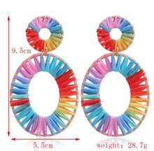 Women Raffia Beach Rainbow Colorful Multi-cloured Geometry Oval Big Earrings