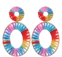 Women Raffia Beach Rainbow Colorful Multi-cloured Geometry Oval Big Earrings