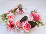 Women Rose Pink flower Girl Leaf bride Hair Tiara Headband Crown Garland Wreath