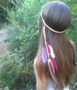 Women BOHO Brown Suede Colorful Feather Braided Beach Hair head band Headband