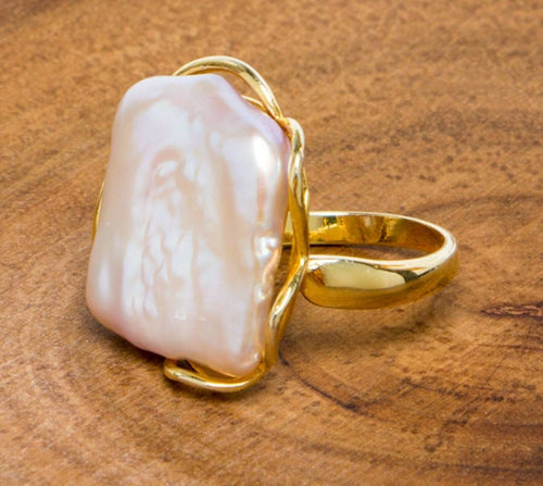 Women Chic Pearl Gold Color Square Shape Ring