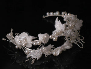 Women White Lace Flower Pearl Double Layered Hair Tiara Headband Fascinator Hoop