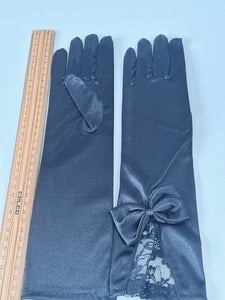 Women Opera Bride Hollywood Party Fancy Ball Wedding Satin Black Lace Bow Gloves
