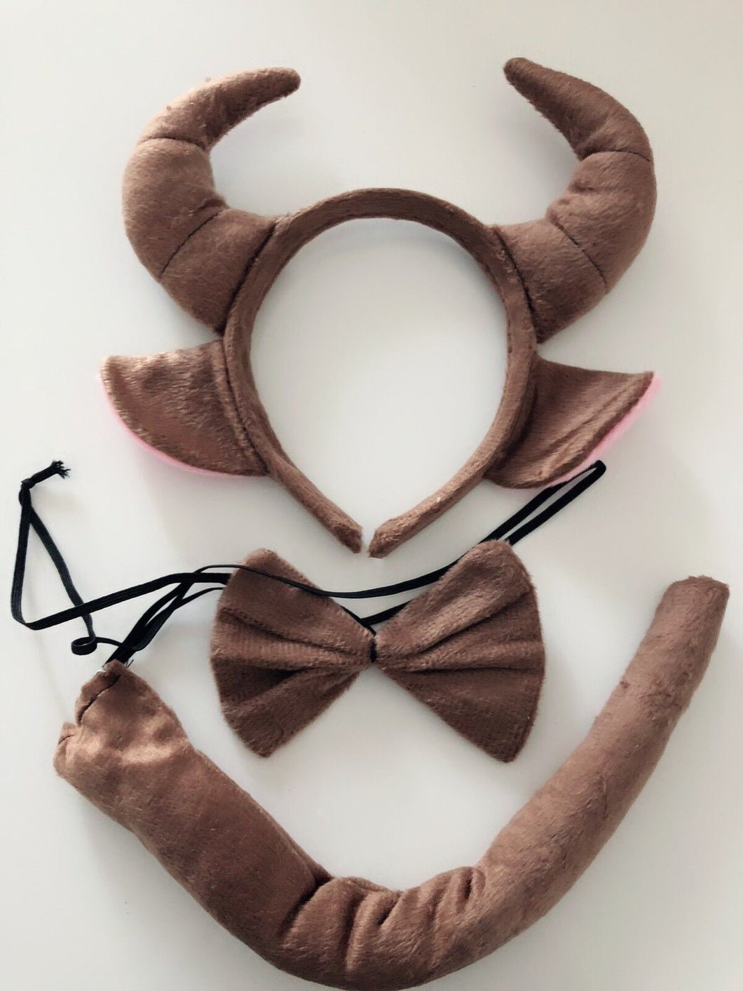 Women Kid Brown Cow Bull Horn Costume Ear tail bowtie Party Hair headband set