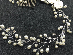 Women White Wedding Bride Bridal Pearl white Flower Party Hair Headband comb pin