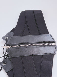 Women Black Retro Party Waist Elastic Wide Corset Belt band Tie up Zip Wrap