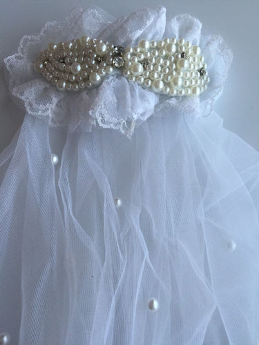 Women Girl Kid White Lace pearl Wedding Bride maid Hair Veil with barrette Clip