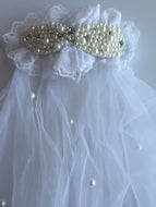 Women Girl Kid White Lace pearl Wedding Bride maid Hair Veil with barrette Clip