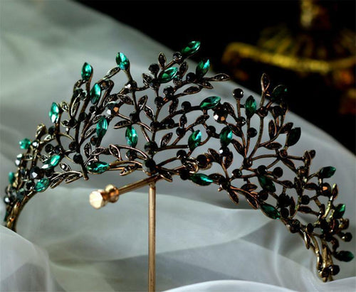 Women Retro Green leaf Crystal Black Queen Party Hair Head Headband Crown Tiara