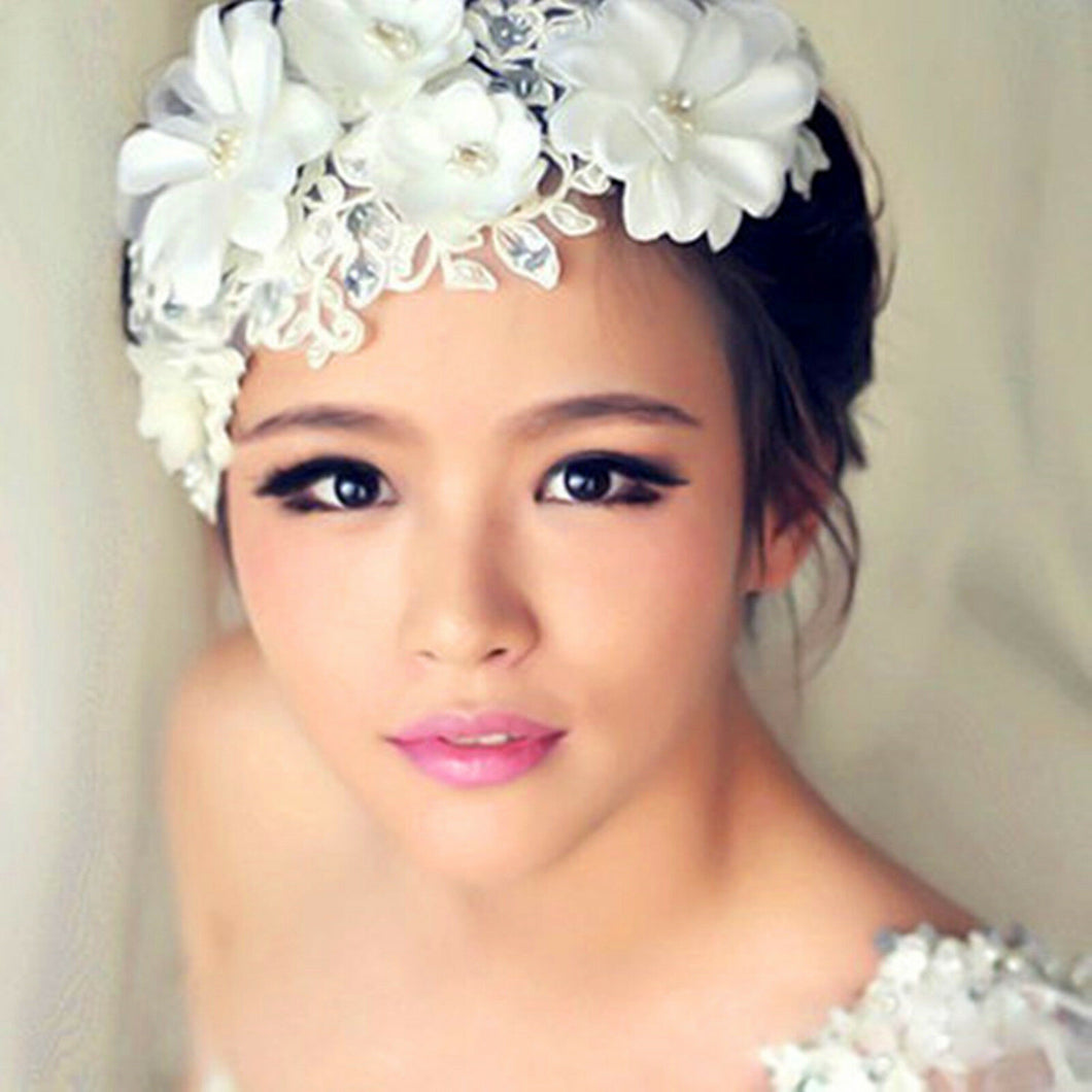 Women White Wedding Pearl Bride Bridal Crystal Flower Party Hair Headband Prop