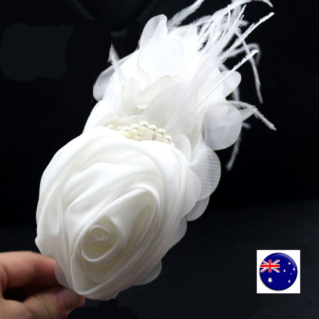 Women Girl White Chiffon Flower Feather Party Hair headband Race fascinator