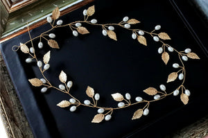 Women wedding gold Color leaf Rice Pearl Bride Hair Head band Headband Garland