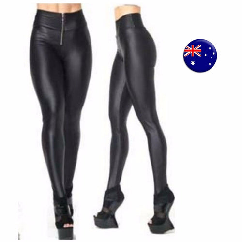 Women Black High waist front zipper Shine Faux Leather Leggings Pants Jeggings
