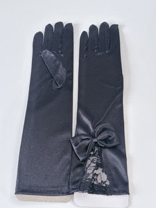 Women Opera Bride Hollywood Party Fancy Ball Wedding Satin Black Lace Bow Gloves