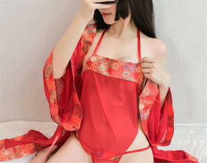 Women Sexy Chinese Red Sleepwear Kimono Sleep Nighties Gown Bath Robe Coat Set