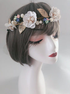 Women Gold Leaf White flower Wedding Hair Band Headband Crown Tiara Fascinator
