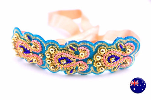 Women BOHO Crystal Rhinestone Bling Blue Bridal Hair Headband Head band ribbon