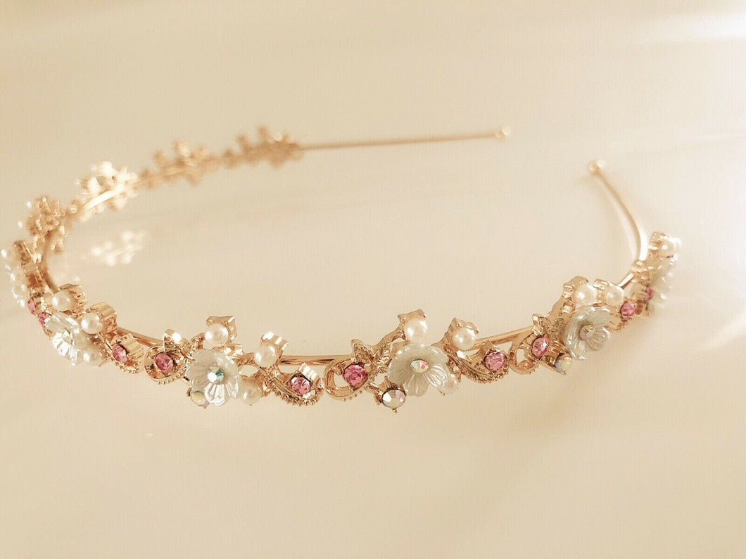 Women Little Flower Floral Gemstone Crystal Gold Hair Head Band Hoop Headband