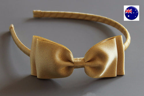 New Girls Kids Children Gold Satin Bow Ribbon Party Headband Hair head Band Hoop