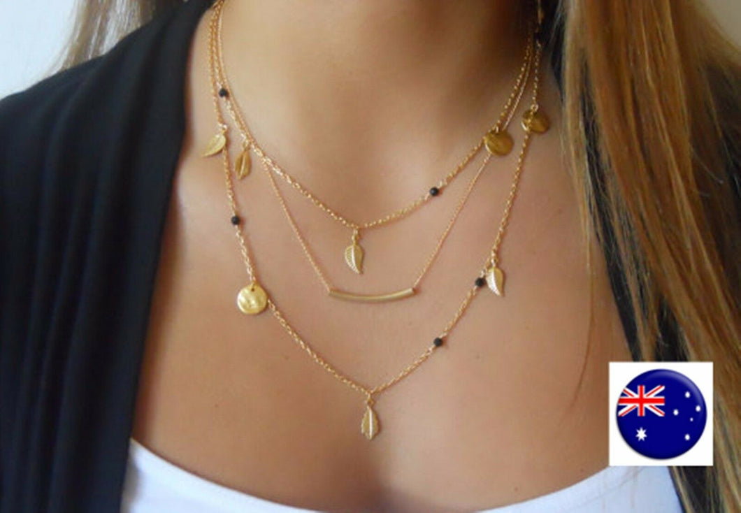 Women Girl Boho Bohemian 3 Layers Leaf Gold color Bar beads Necklace Gift her