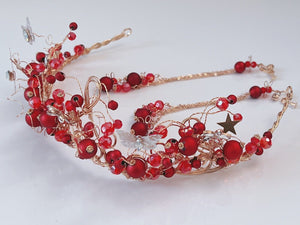 Women Red Bead Butterfly Hair Headband Garland Leaf  Tiara Fascinator Earrings