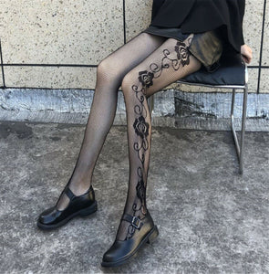 Women Gothic Black Sexy Side Rose Fishnet Net Pantyhose Line Stockings Tights