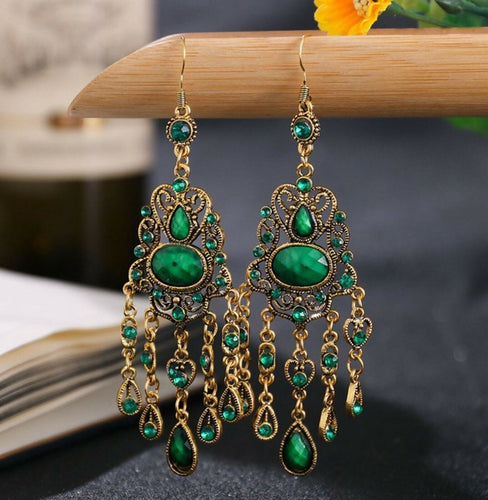 Women Retro Boho Green Chandelier  Ethic Bohemian Party Earrings Ear Hook Drop