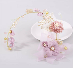 Women Wedding Bride Gold leaf Pink Flower Hair band head piece garland tiara