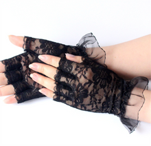 Women Teen Girl Hollywood Fancy Wedding Fingerless Short Trim Lace Black Gloves