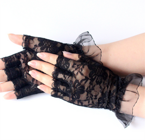 Women Teen Girl Hollywood Fancy Wedding Fingerless Short Trim Lace Black Gloves