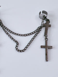 1x Men Women Tassel Cross dangle Hiphops Gothic Spike Black Earrings Side Cuff
