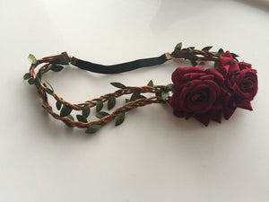 Women Girl Red Rose flower Leaf Costume Party Hair Headband Band PROP Garland