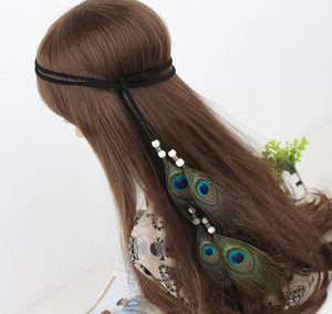 Women BOHO Syn suede Feather Peacock Braided Hair head band Wrap Headband Prop