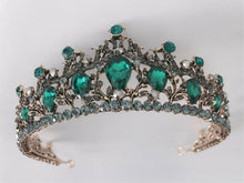 Women Retro Green Crystal Black Queen Party Hair Head Headband Metal Crown Tiara