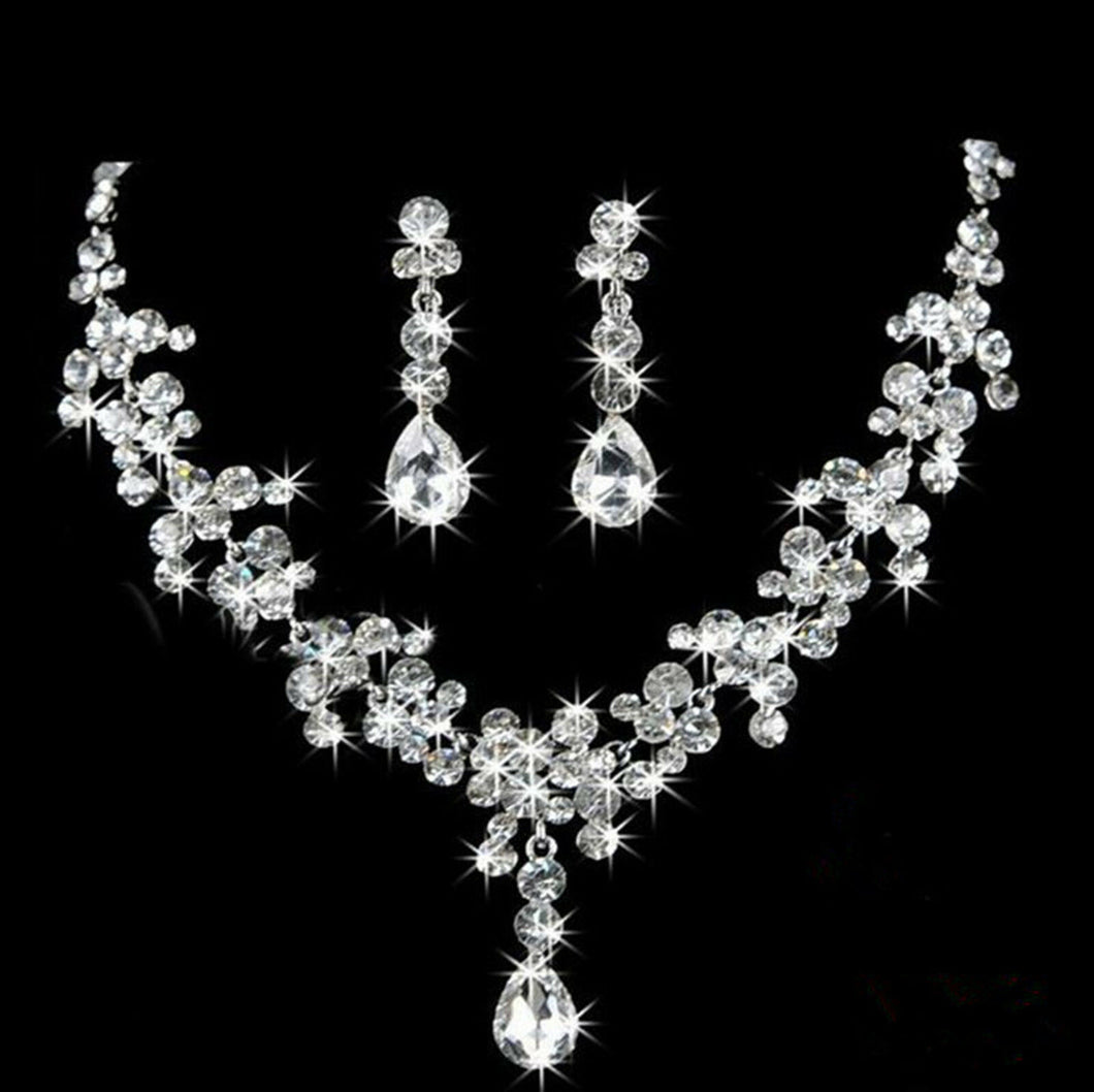Women Lady Crystal Ball Function Rhinestone Wedding Party Necklace Earrings Set