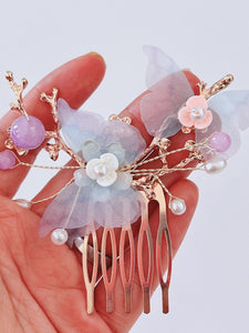 Women Girl Fancy Blue Butterfly Pearl Twig Hair Comb Clip Pin Haipin Hairpiece