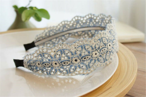 Women Retro Denim Color Crochet Lace Wide Hair head band Headband Hoop bandana