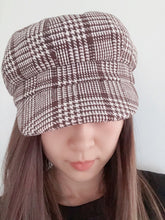 Women Retro warm Brown Check Conductor French octagonal Hat Cap Beret Beanie