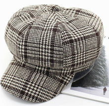 Women Retro warm Brown Check Conductor French octagonal Hat Cap Beret Beanie